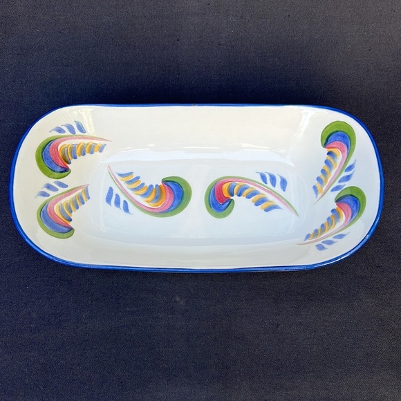 VTG Los Angeles Potteries Buns Breads Serving Dish Hand Painted Feathers USA - Picture 2 of 8